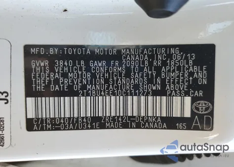 2013 Toyota Corolla Base from USA, damaged, VIN 2T1BU4EE1DC111273